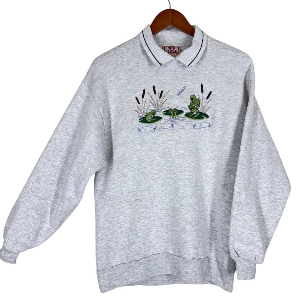 Vintage Top Stitch Womens Sweatshirt L Gray Frog Pond Embroidered Collared
